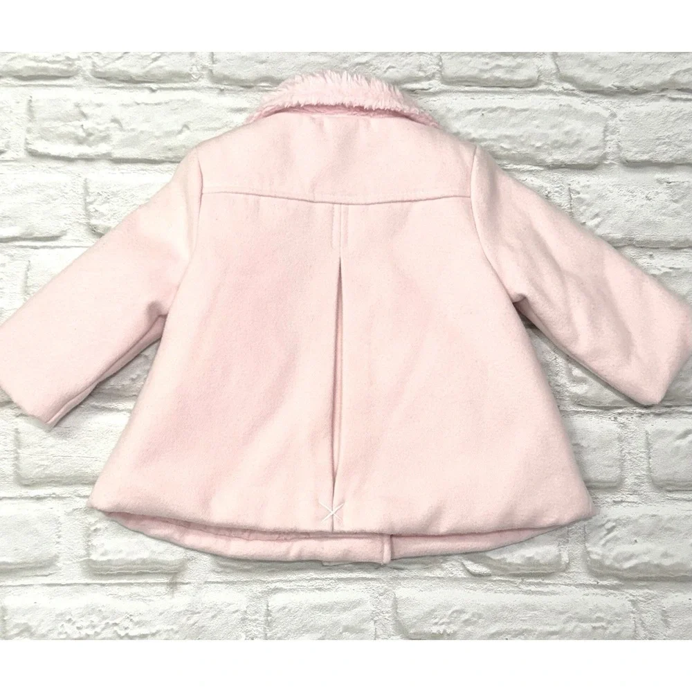 LITTLE ME Pink Felt Pea Coat 12M Bow Faux Fur Babydoll Quilted Lining Warm Fuzzy